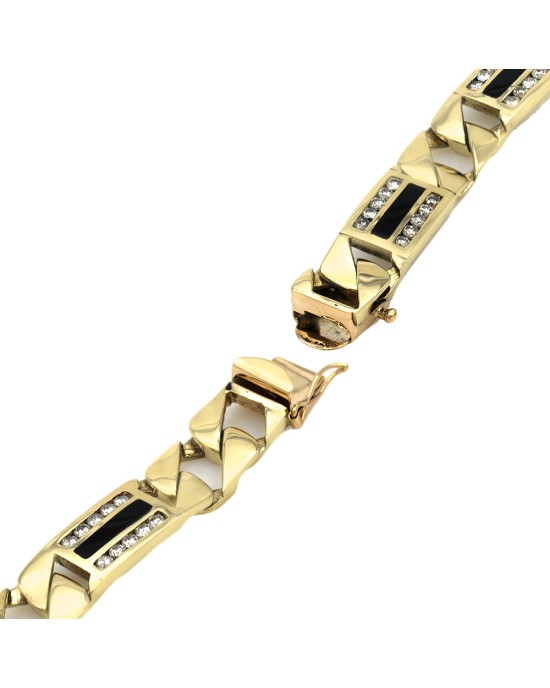 Gentlemen's Diamond and Onyx Square Curb Chain Station Bracelet in Yellow Gold
